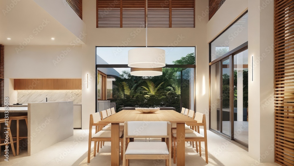 Poster a sleek dining area with a rectangular table made of light oak surrounded by simple wooden chairs se