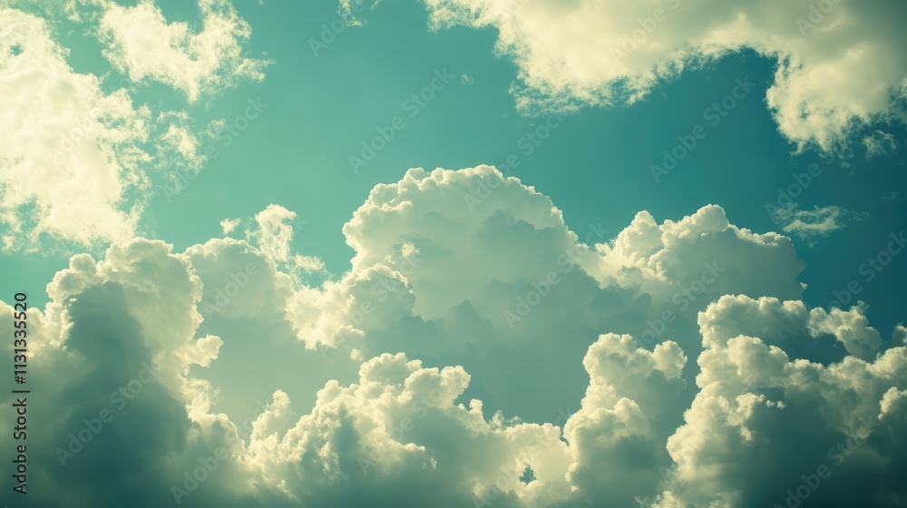 Poster Cloud computing concept with beautiful cumulus clouds against a bright blue sky representing data storage and digital innovation in technology