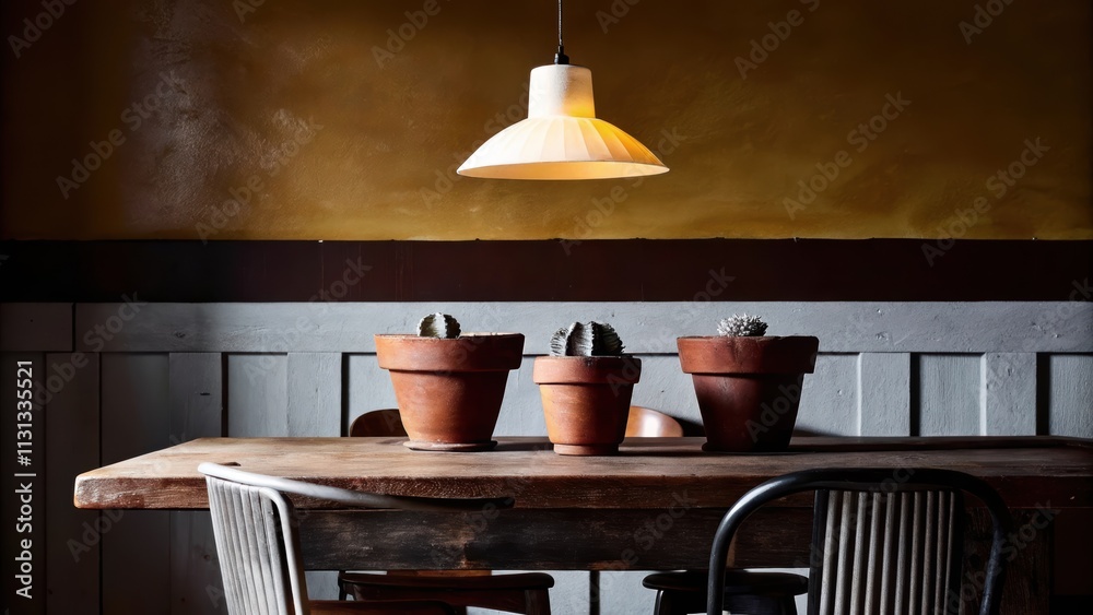 Aufkleber an intimate dining nook showcasing a rustic wooden table paired with simple handcrafted chairs. the 
