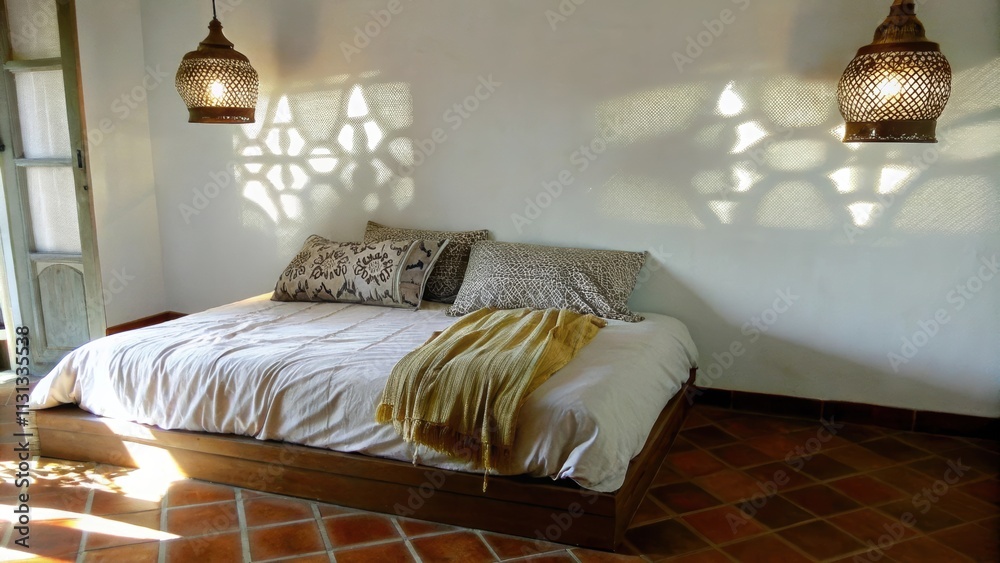 Poster A calming bedroom space where a platform bed is draped in layers of cream and taupe linens. Moroccaninspired lanterns cast intricate shadows across the walls and a soft patterned