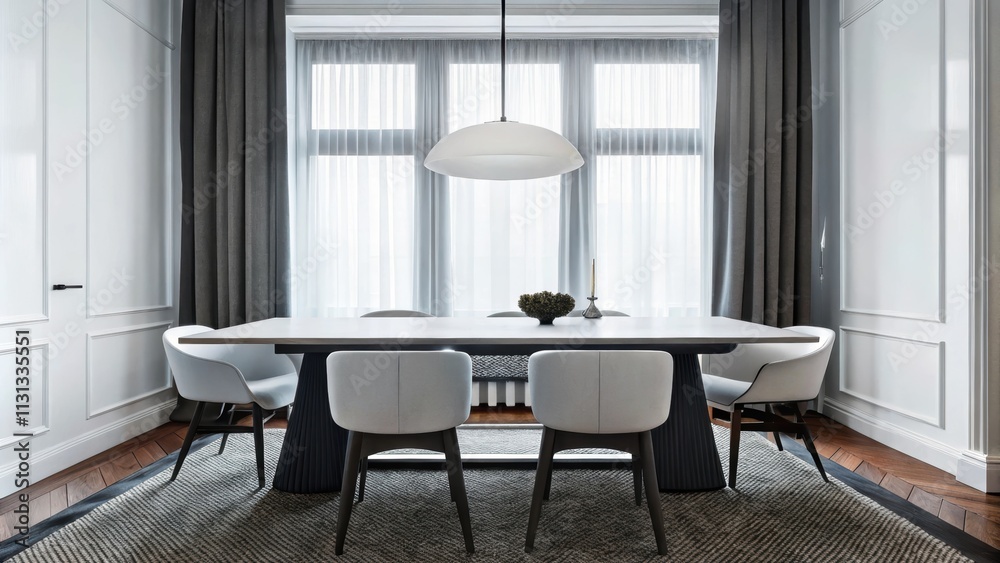 Leinwandbilder a monochromatic dining room featuring a modern rectangular table minimalist chairs with clean lines 