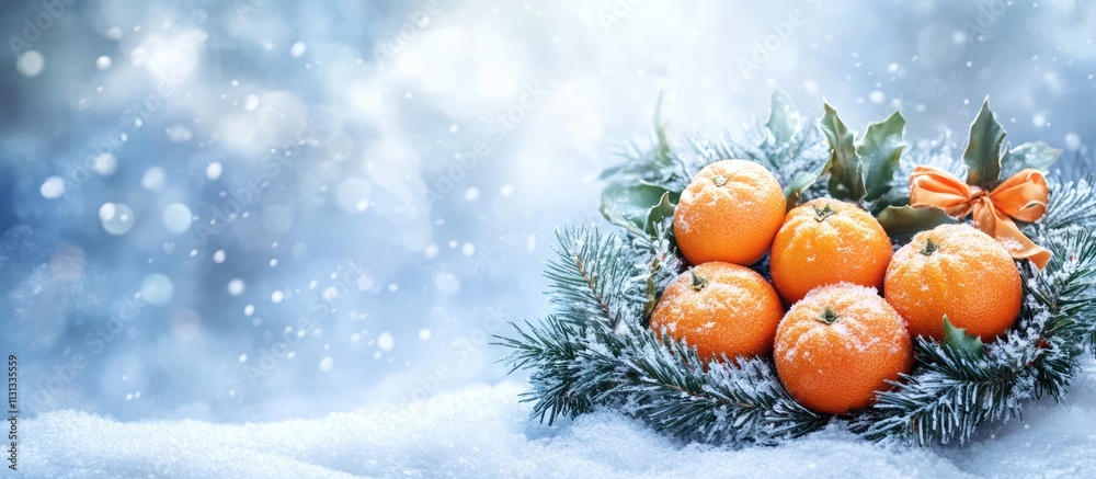 Aufkleber Winter holiday backdrop with tangerines and fir branch wreath on snow with selective focus and empty space for text or design elements