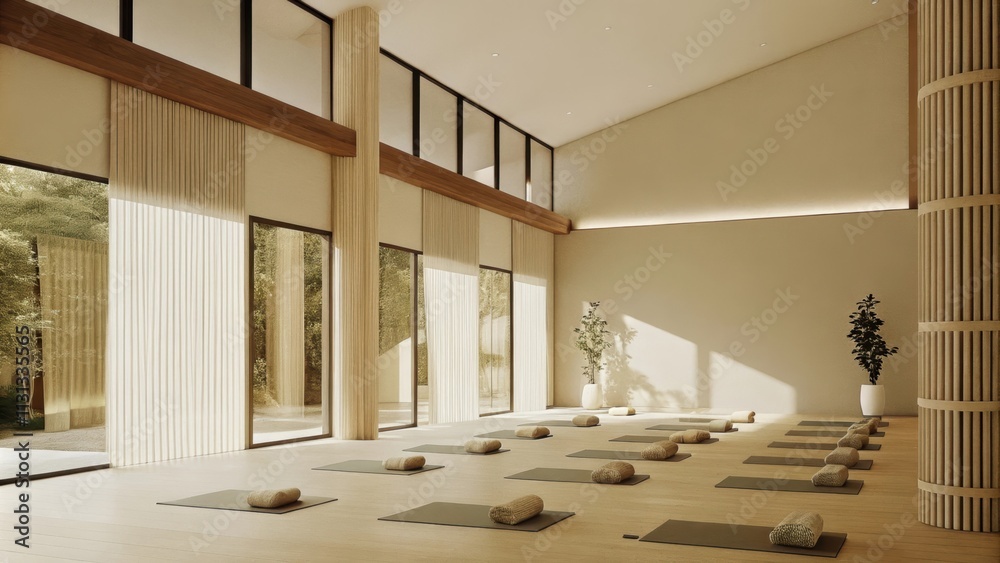 Aufkleber A spacious yoga studio with natural light streaming through large windows illuminating a smooth wooden floor. Simple earthy mats are neatly arranged in rows and the soft muted