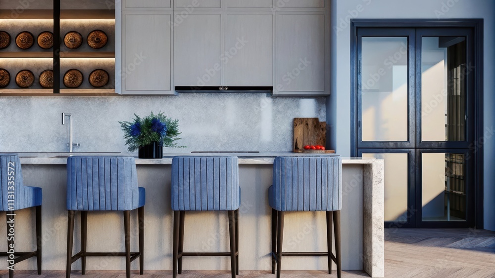 Poster A sleek kitchen with an island made of polished stone minimalist cabinetry in muted gray and a set of highback stools. An arrangement of handpainted dishware on display pays homage