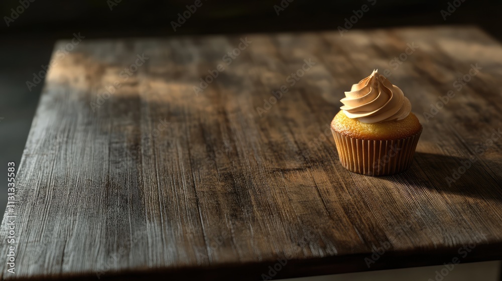 Poster Cupcake placed on rustic wooden table with natural light highlighting frosting and texture on a serene backdrop