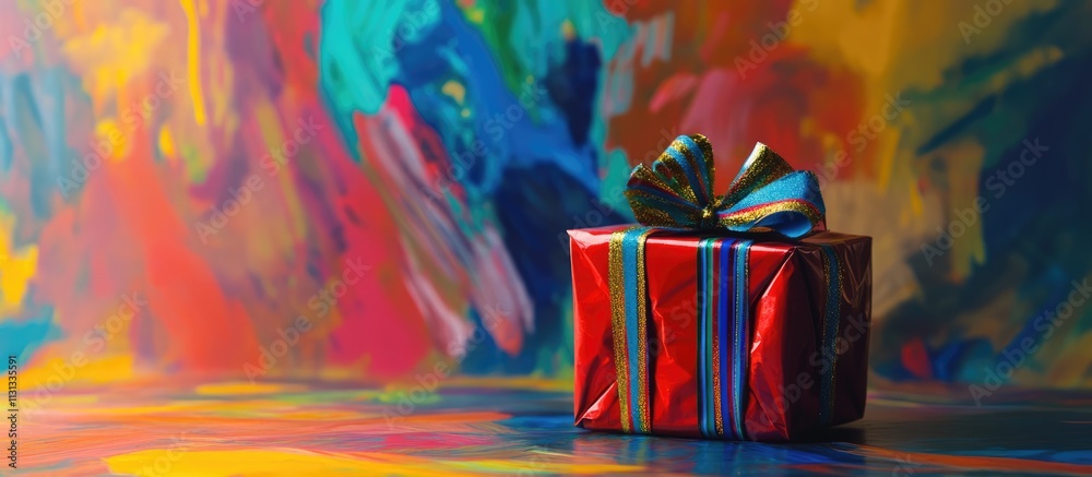 Poster vibrant christmas present on colorful background with space for festive copy and promotional text