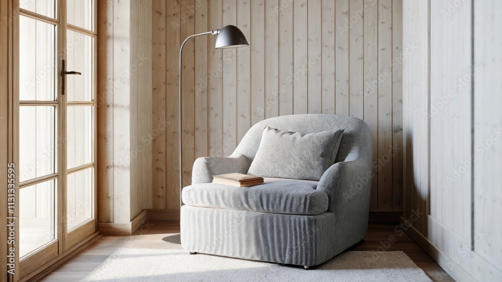 Aufkleber A cozy reading nook with a large oversized armchair in a soft gray fabric a minimalist floor lamp and a small round side table holding a single book nestled in the corner of a
