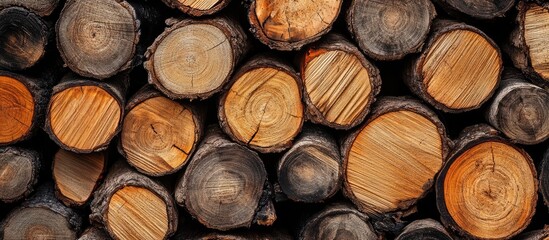 Fototapeta premium Stacked firewood logs for constructing a cozy nighttime campfire in the wilderness with warm lighting and rich textures
