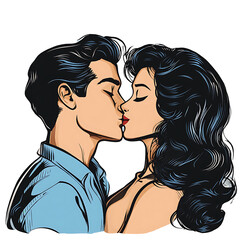 A man and woman kissing, with black hair, in a cartoon style, vector art, isolated on a transparent background.
