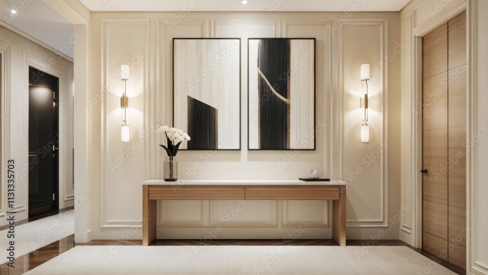 Poster a sophisticated hallway showcases a long console table made of light wood topped with a minimalist v
