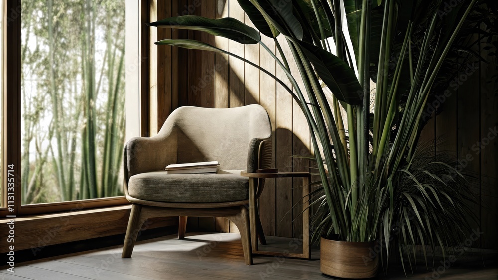 Poster A tranquil reading nook with a simplified armchair and side table surrounded by tall leafy plants and bathed in soft light from open floortoceiling windows.