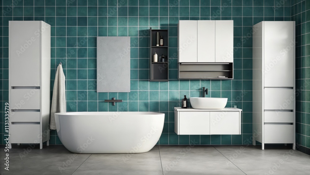 Poster A chic bathroom features a freestanding tub in smooth ceramic complemented by a wallmounted sink and sleek storage with a minimalist design. Bright turquoise tiles create a bold