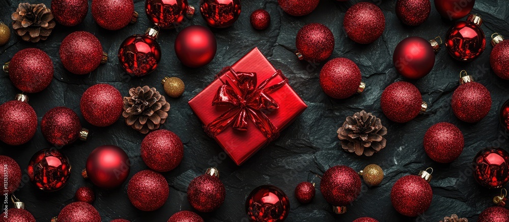 Poster red christmas present box surrounded by red ornaments and pine cones on a textured black stone backg