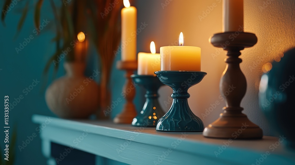Poster Elegant display of tea light candles in decorative holders on a wooden shelf creating a warm and inviting ambiance in a cozy setting