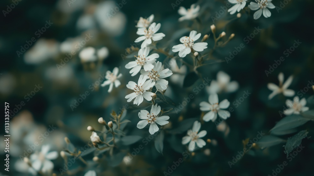 Poster Delicate close up of blurred white aster flowers with soft green background creating an ethereal and dreamy floral composition