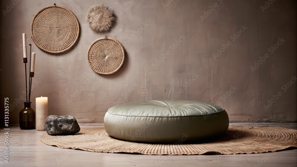 Poster A peaceful meditation area featuring a low round cushion on a soft natural fiber mat. Simple wall hangings made from organic materials create a calming backdrop with a small altar