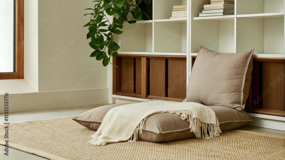 Poster A tranquil reading nook featuring a plush oversized floor cushion on a jute rug surrounded by floortoceiling shelves filled with books. A fringed throw blanket casually drapes over