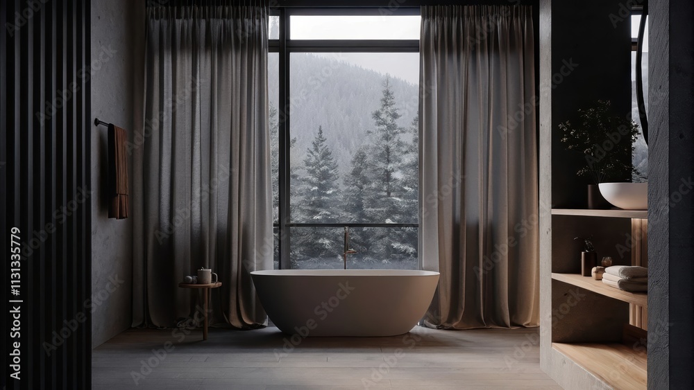 Poster a stylish bathroom with a freestanding tub nestled by a large window covered in linen curtains. eart