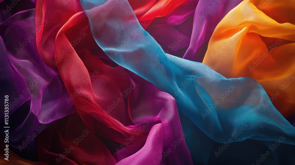 Poster Colorful translucent fabric streamers overlapping in an abstract pattern creating a vibrant and dynamic background design.