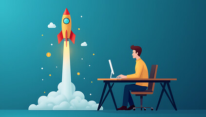 A man holds a rocket in his hand, sitting at a blue desk, brainstorming innovative investment and success strategies together._00004_