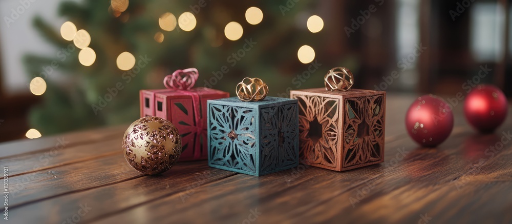 Aufkleber festive gift boxes with decorative ornaments on a wooden table creating a warm holiday ambiance with