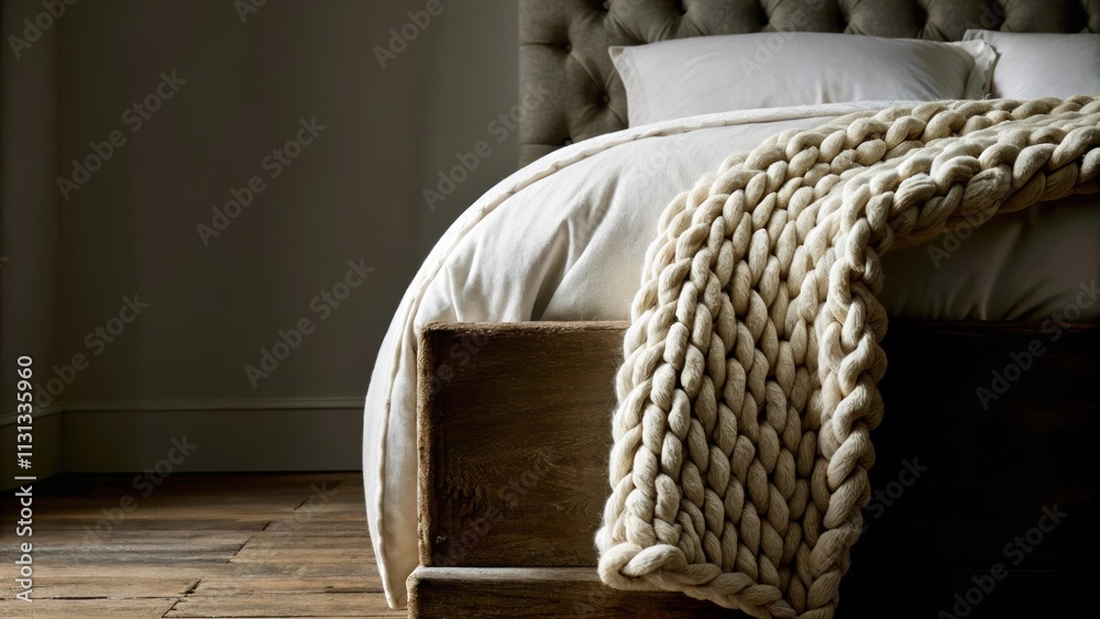 Aufkleber a cozy bedroom with a plush upholstered headboard and a chunky knit throw blanket laid atop a rustic