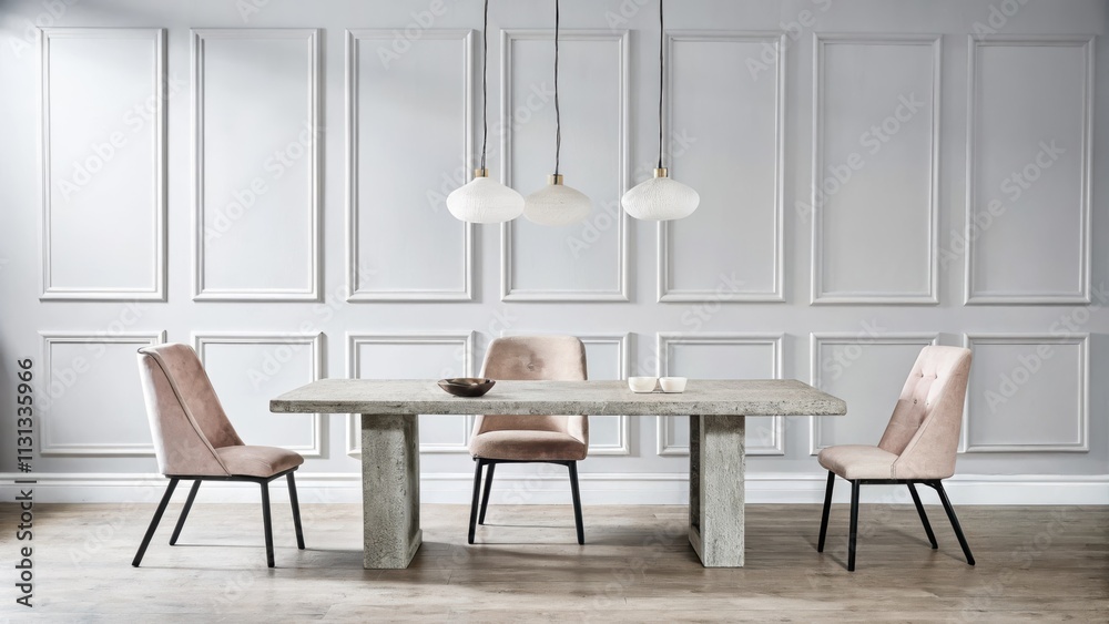 Poster a chic dining area with a rustic concrete dining table juxtaposed against light gray walls complemen