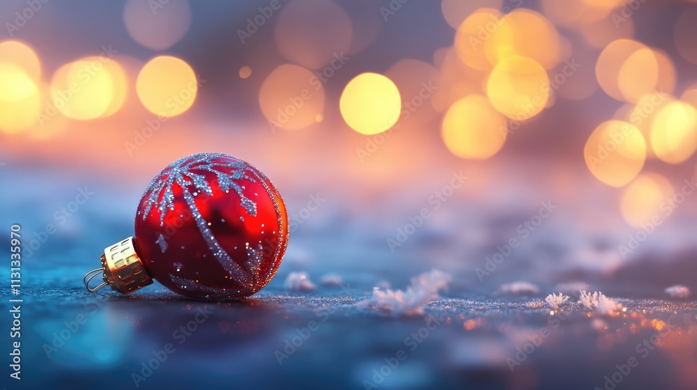 Poster red christmas ornament on a snowy surface with blurred warm bokeh lights creating a festive holiday 