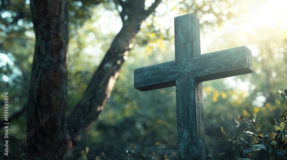 Aufkleber wooden cross in serene natural setting symbolizing hope and faith with sunlight filtering through tr