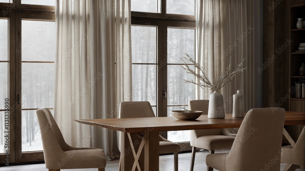 Poster a tranquil dining area featuring a smooth wooden table surrounded by upholstered chairs in warm taup
