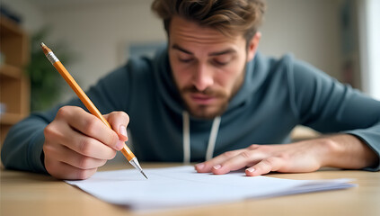 A male student holds a pencil and paper on a table to demonstrate exam and time management techniques effectively._00003_