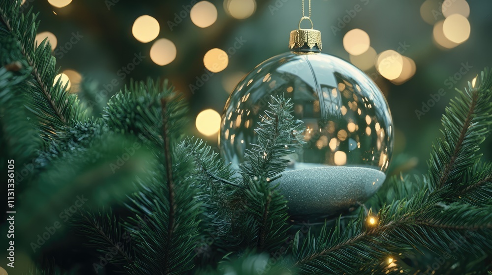 Poster christmas tree branches adorned with a transparent snow globe featuring glowing holiday lights in th