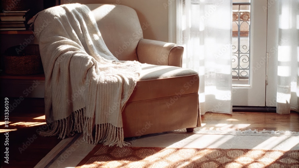 Poster a cozy reading nook with a plush cotton throw draped over an overstuffed armchair set on a soft hand