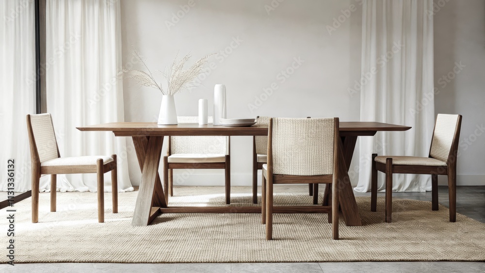 Poster a minimalist dining area showcasing a soft woven sisal rug beneath a wooden table with cotton throws