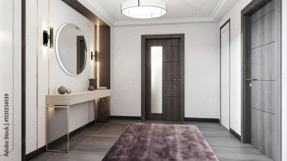 Poster A stylish entryway showcasing a simple console table in light wood. A plush runner leads to the door while a large round mirror reflects soft ambient light from a minimal pendant