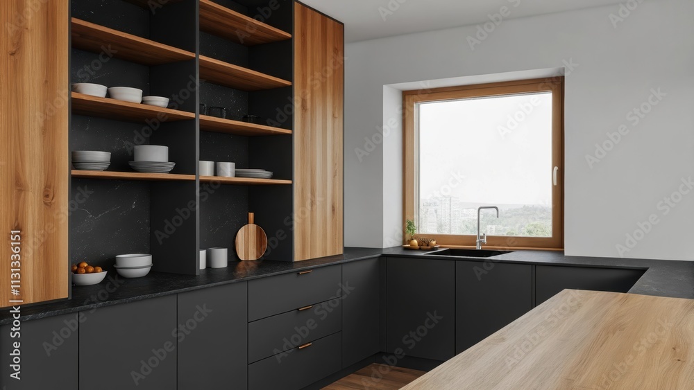 Aufkleber a minimalist kitchen featuring seamless matte white cabinetry and a sleek concrete island. open shel