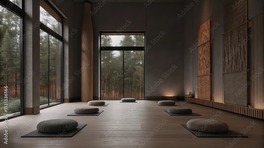 Poster A calming yoga studio with soft wooden floors where large windows frame views of nature. Simple floor cushions in muted tones invite relaxation while the walls are adorned with