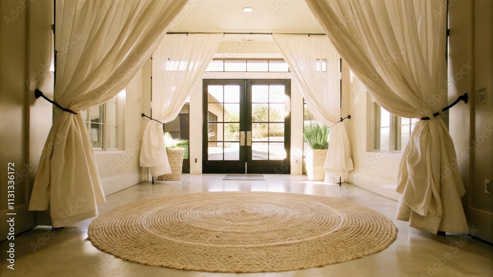Poster A serene entryway with a large round jute rug welcoming guests while billowing linen curtains frame the doorway softly illuminating the space with natural light.