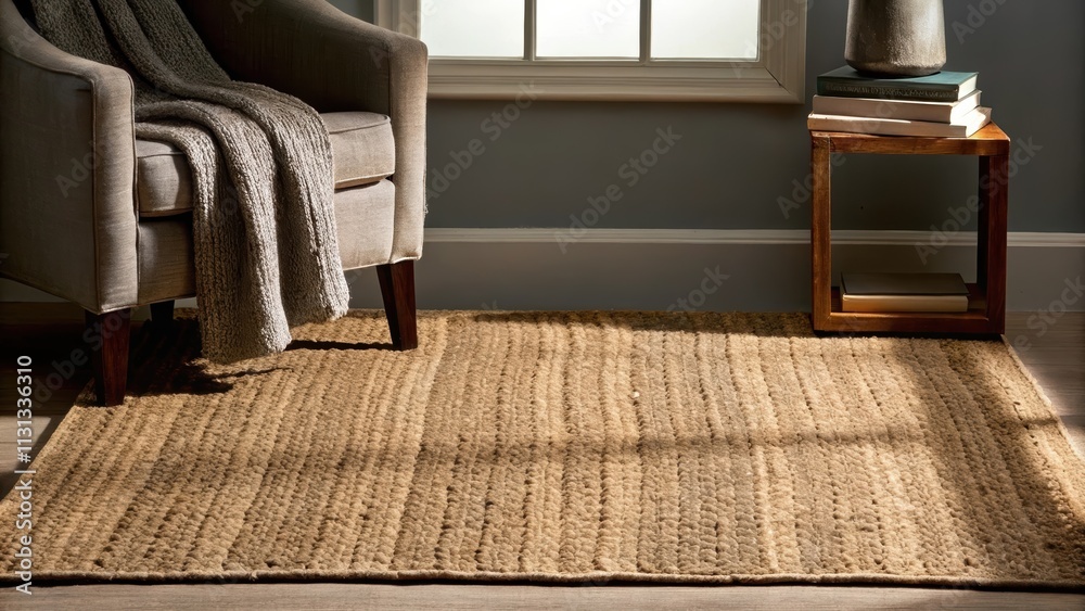 Aufkleber An inviting reading nook with a lowprofile armchair and side table near a window layered with a textured jute rug in natural tones that enhances the rooms tranquil vibes while
