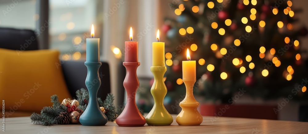 Poster colorful christmas candlesticks with lit candles on a table adorned with festive decorations and a b