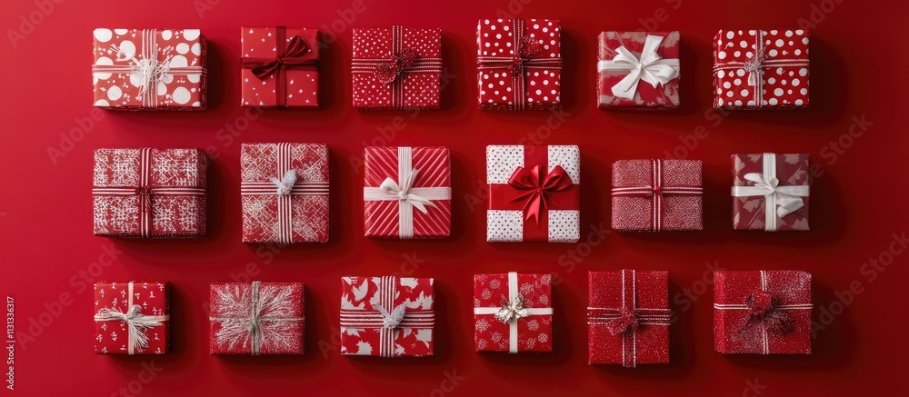 Poster elegant arrangement of festive gift boxes in red and white patterns on a vibrant red background for 