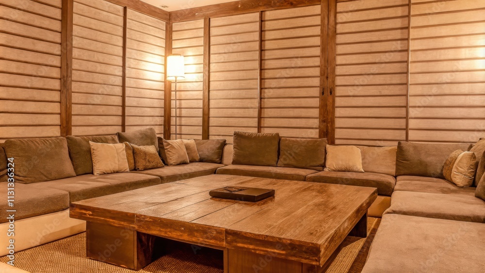 Aufkleber A family room with a large weathered wood coffee table at its center surrounded by sectional seating and a feature wall clad in horizontal wooden slats that add warmth and texture