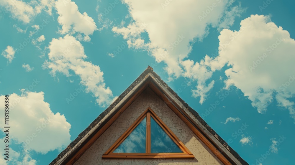 Aufkleber triangular roof window framing a blue sky filled with fluffy clouds capturing a serene architectural