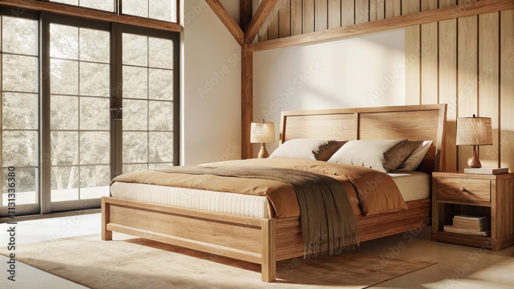 Poster a serene bedroom showcasing a striking wooden bed frame complemented by warmtoned linens bedside tab