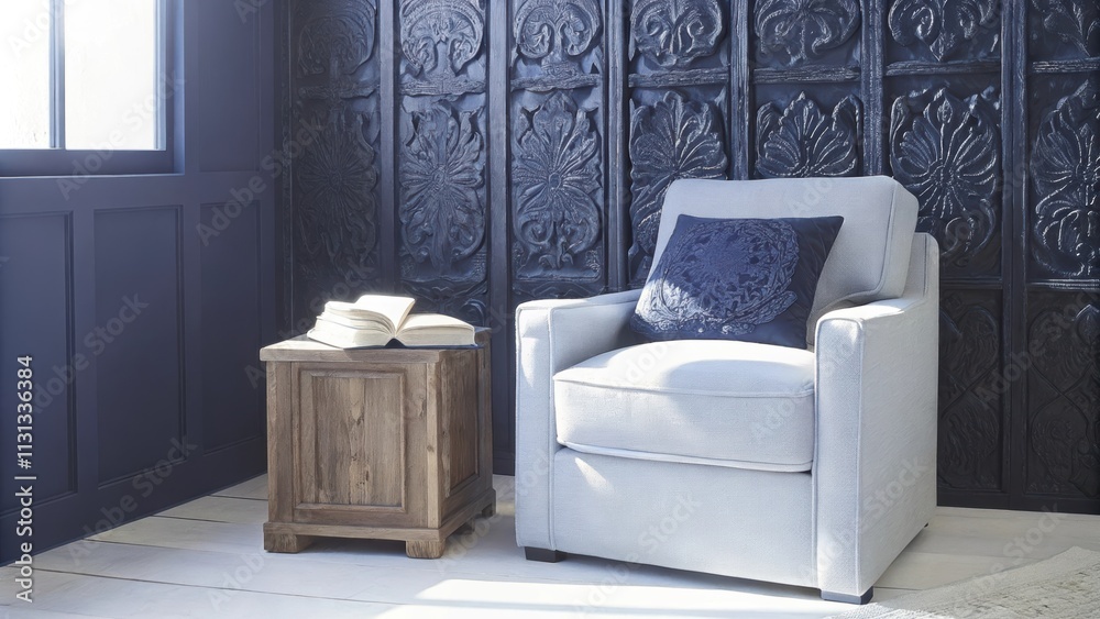 Poster a tranquil reading nook with a cozy armchair upholstered in neutral fabric set beside a wall of intr