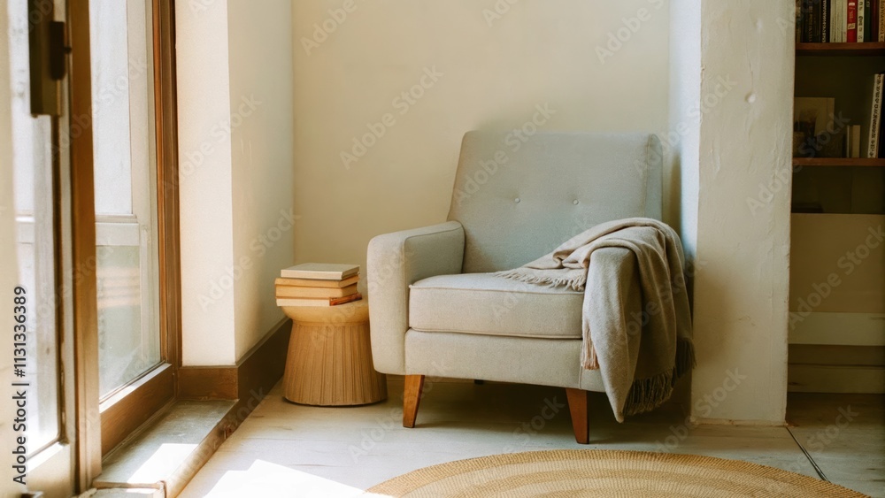 Aufkleber a cozy reading nook nestled in a corner of a spacious room featuring a light gray armchair and a sma