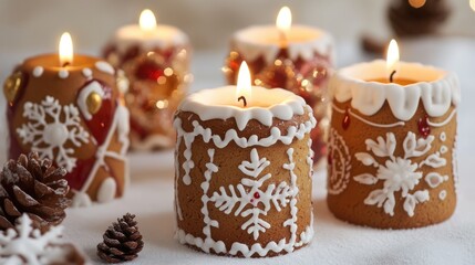 Christmas themed gingerbread candles with festive decor lit on a white surface surrounded by pinecones and holiday elements.