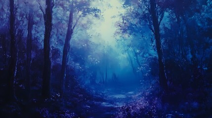 Fototapeta premium Enchanted Forest Scene with Ethereal Light and Deep Blue Hues Creating a Mystical Atmosphere Surrounded by Tall Trees and Lush Underbrush