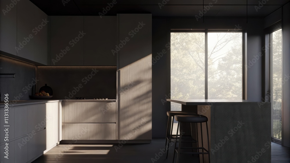 Poster A sleek kitchen with white cabinetry and a polished concrete island. Natural light streams through an oversized window creating delicate patterns of light and shadow on the smooth