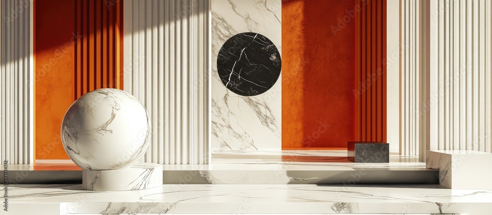 Poster modern architectural composition featuring marble textures and geometric shapes in a vibrant interio